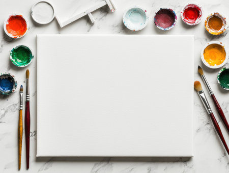 art supplies and blank canvas on marble backgroundの素材