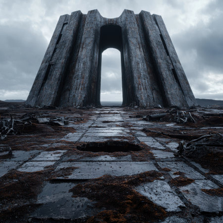 Mysterious ancient stone archway in desolate landscapeの素材