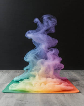 Colorful smoke swirls on a wooden surfaceの素材