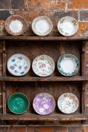 Vintage floral ceramic plates and bowls on rustic wooden shelvesの素材