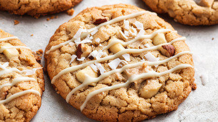 Delicious homemade cookies with white chocolate drizzleの素材
