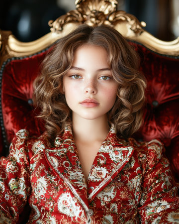 Elegant young woman in red floral dressの素材