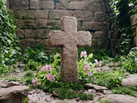 stone cross surrounded by pink flowers in gardenの素材