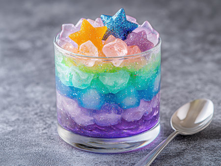 colorful star-shaped gummy candies in a glassの素材