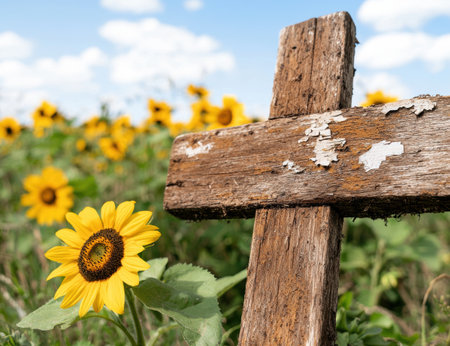 Sunflower field with wooden crossの素材