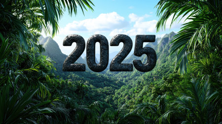 tropical jungle landscape with 2025 textの素材