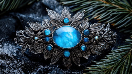 Intricate silver and blue gemstone brooch on snowy pine branchesの素材