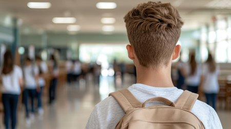 student walking in school hallwayの素材