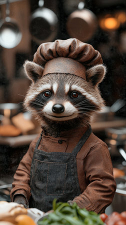 Adorable raccoon chef in kitchenの素材