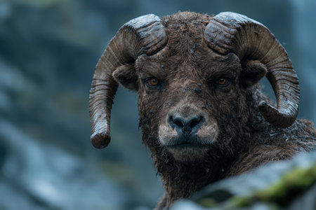 Close-up of a majestic ram with large hornsの素材