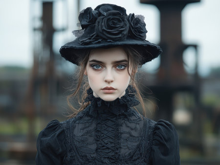 gothic woman in black dress and hat with rosesの素材