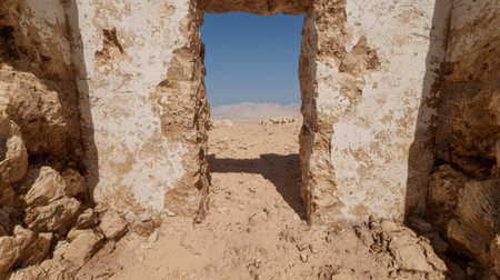 Dramatic desert landscape framed by ancient ruinsの素材