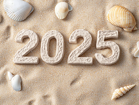 new year 2025 on sandy beach with seashellsの素材