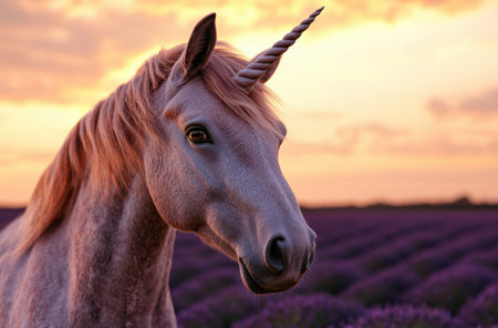 Magical unicorn in a lavender field at sunsetの素材