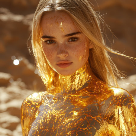 Radiant woman with golden skin and flowing hairの素材