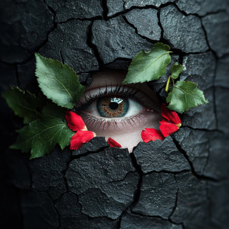 eye peeking through cracked stone wall with red flowersの素材