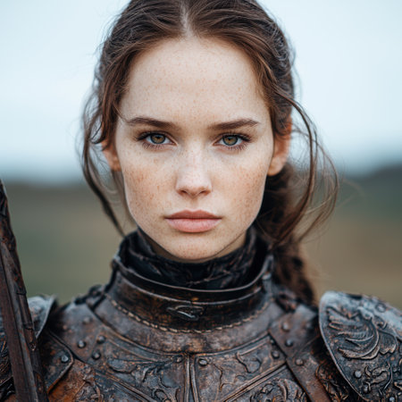 Intense gaze of a young woman with frecklesの素材