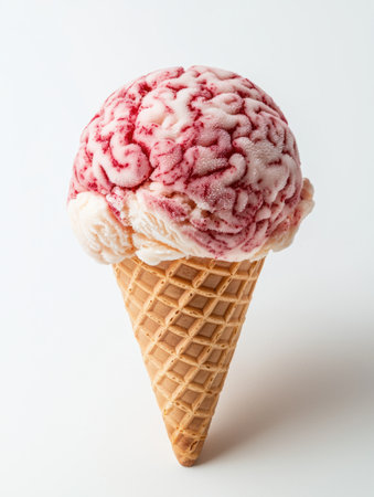 Vibrant brain-shaped ice cream in waffle coneの素材
