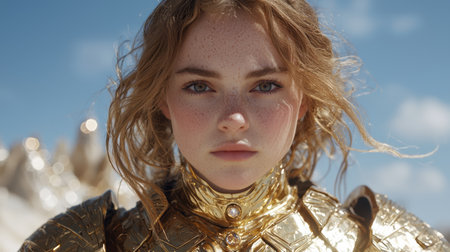 Stunning young woman with freckles and golden armorの素材