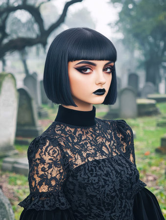 gothic woman with dark hair and makeup in a cemeteryの素材