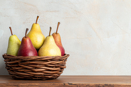 Assortment of ripe pears in a wicker basketの素材