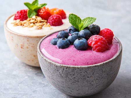 Healthy berry smoothie bowls with fresh fruits and granolaの素材
