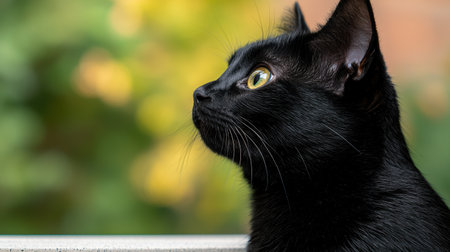 close-up of a black cat with yellow eyesの素材