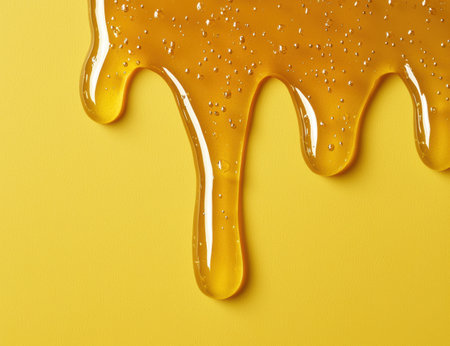 Flowing honey dripping on yellow backgroundの素材