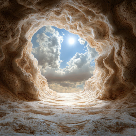 Stunning natural cave opening with bright skyの素材