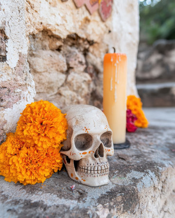 Skull and marigold flowers on a stone wallの素材