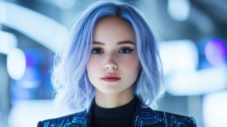futuristic woman with blue hairの素材