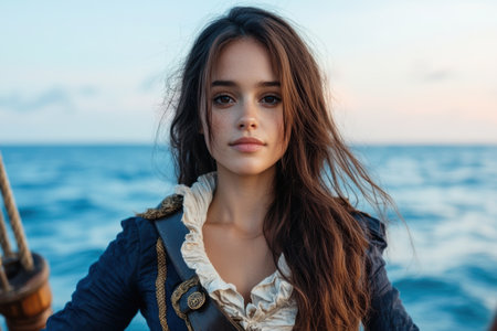 Thoughtful woman with windblown hair gazing at the oceanの素材