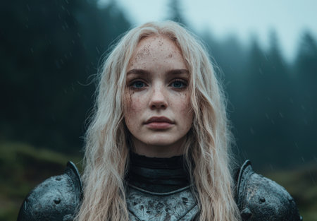 Pensive woman with blonde hair and freckles in the rainの素材