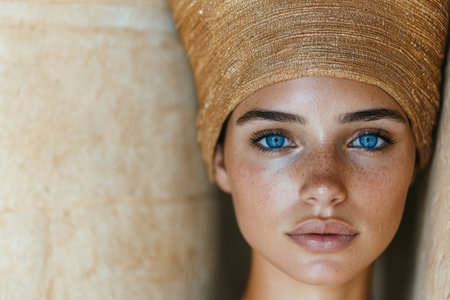 close up portrait of a woman with blue eyes and a gold headscarfの素材