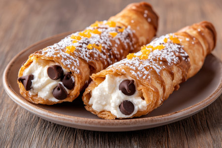 Delicious chocolate-filled pastries dusted with powdered sugarの素材