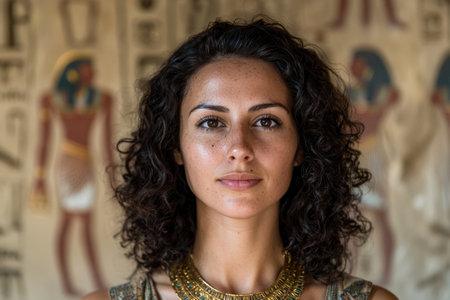Confident woman with curly hair and ethnic jewelryの素材
