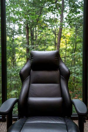 Cozy leather chair overlooking lush forestの素材