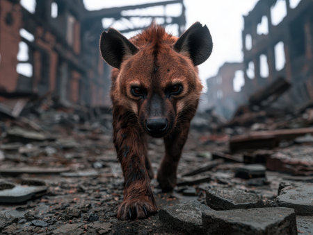 Fierce hyena in abandoned urban environmentの素材