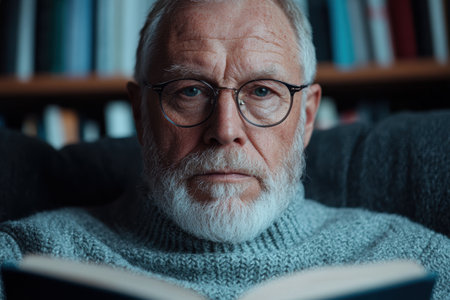 Thoughtful senior man with beard and glassesの素材