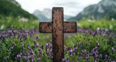 Wooden cross in a field of purple lavender flowersの素材