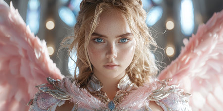 Enchanting portrait of a young woman with flowing blonde hairの素材