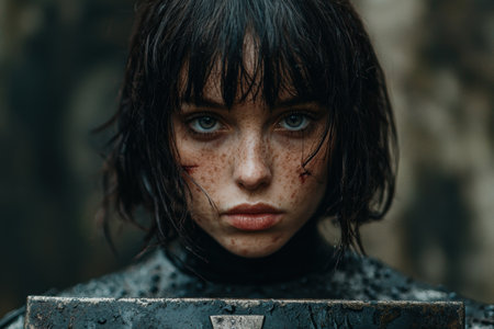 Intense gaze of a young woman with dark hair and frecklesの素材