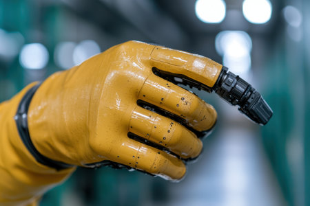 close-up of a yellow industrial gloveの素材