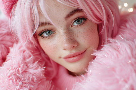 Vibrant pink-haired woman with freckles and blue eyesの素材