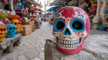 Colorful Mexican skull decoration in a crowded marketplaceの素材