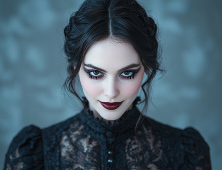 Mysterious woman with dark hair and dramatic makeupの素材