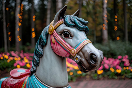 Colorful carousel horse in a magical forest settingの素材