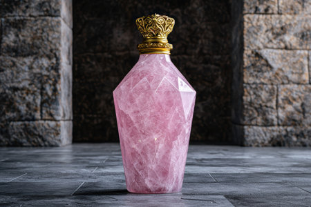 Ornate glass bottle with pink crystal designの素材