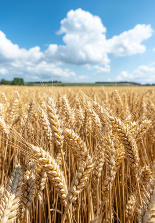 Golden wheat field under a blue sky with fluffy cloudsの素材