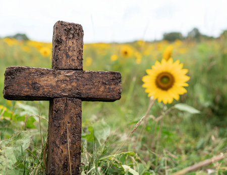 Rustic wooden cross in field of sunflowersの素材